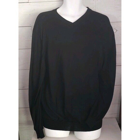 Men's 100% Merino Wool Sweater Black V-Neck Casual Preppy Size L TOSCANO ITALY - Picture 1 of 4